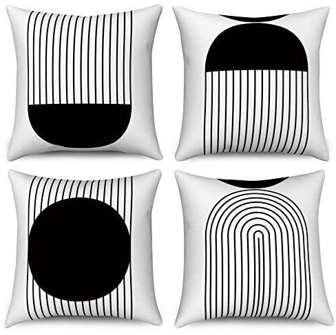 Kissenbezug Boho 45x45 4er Set, Hnmdmyi Schwarz und Weiß Mid Century Abstrakt Geometrisch Bogen Sonne Dekorative Kissenbezüge Modern Minimalistisch Leinen Kissenhülle für Sofa Couch Outdoor Home Decor