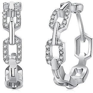 GemKing DY110094-S-W-WH Newest Tik Tok Trendy Top End Chain Clasped Rhodium-Plated 925 Sterling Silver 5A Zircon Baguette Stud Earrings