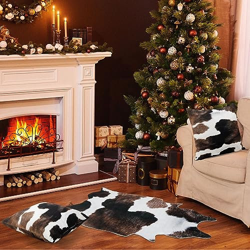 Amylove Kuhimitat-Teppich und 2 Kuh-Kissenbezüge, Winter-Kindsleder-Teppich, Tierversteck, Teppichmatte, Rindsleder, Kissen für Wohnzimmer, Schlafzimmer, Westerndekorationen