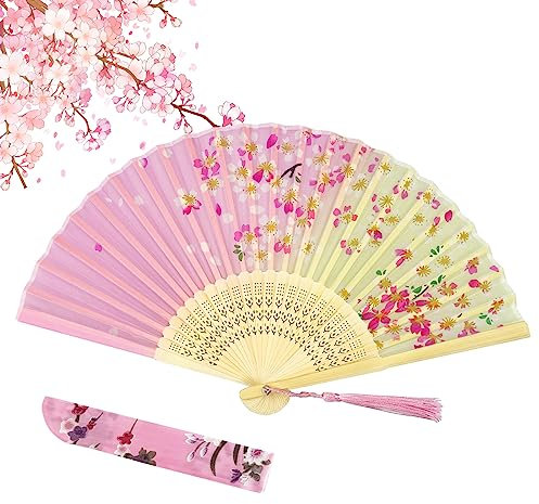 ZoomPlay Folding Hand Fan, Handheld Fan Bamboo Hand Fan for Birthday Gifts Dancing Cosplay Wedding Party, Green Pink