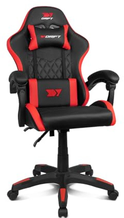 DRIFT GAMING DR35 - Silla Profesional, Polipiel, Reposabrazos Acolchados, Pistón Clase 3, Base Nylon Reforzada, Asiento basculante, Altura Regulable, Cojín Lumbar/Cervical, Negra/Roja