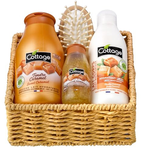 Cottage Coffret Cadeau Tendre Caramel - 1 Gel douche + 1 Douche Gommage + 1 Lait Corps Hydratant + 1 éponge exfoliante - Fabriqué en France