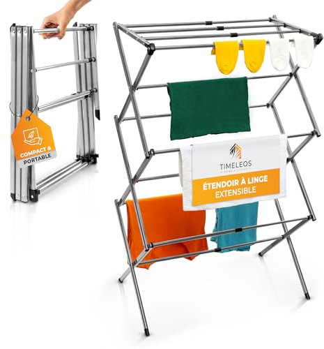 TIMELEOS Etendoir Linge Interieur Pliable - Sechoir a Linge Pliable Peu encombrant, Durable et Robuste, 6 Niveaux avec 11 Barres, Tour à Linge Pliable et Extensible - Idéal pour Le Camping, Gris