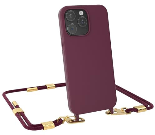 EAZY CASE - Handykette mit Karabiner kompatibel mit iPhone 15 Pro Max - Hülle Silikon Fallschutz Handyhülle für iPhone 15 Pro Max Kette zum Umhängen Schutzhülle mit Mikrofaser in Beere - Clips Gold