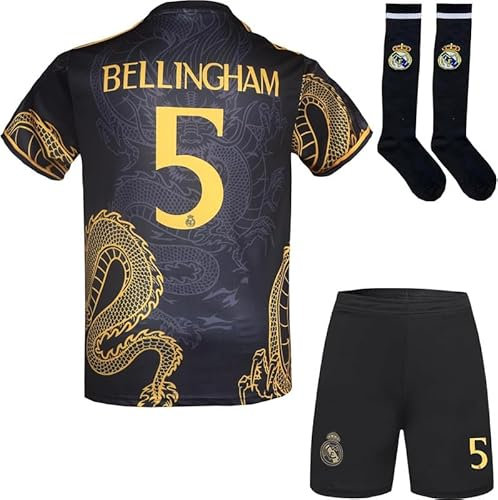 YSGTZY R. Madrid Bellingham #5 Special Gold Dragon Edition Football Soccer Jersey/Shorts Socks Gift Set Youth Sizes (Black, 30)