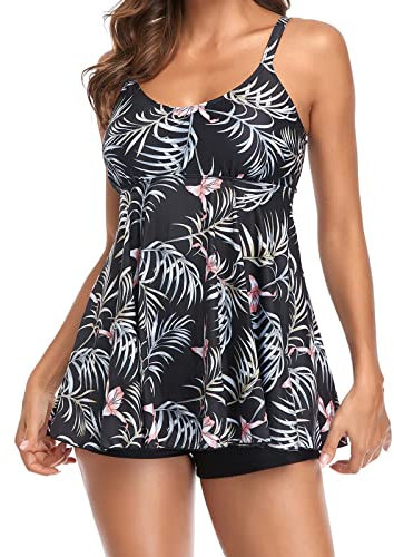 Womens Tankini Sets with Shorts UK,2 Piece Tankinis Sets Tummy Control Swimwear Swimsuits Hawaiian Floral Print Swim Trunks High Waist Bathing Suit Swimming Costumes Ladies Plus Size Red
