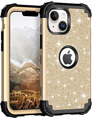 Petocase for iPhone 14 Plus Case Glitter Sparkly Bling Shockproof Heavy Duty Hybrid Sturdy High Impact Protective Cover Case for Apple iPhone 14 Plus, Shiny Gold