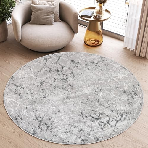 TAPISO Sky Rund Teppich Kurzflor Karo Geometrisch Gitter Grau 120 x 120 cm | Modern Creme Design Meliert Wohnzimmer Schlafzimmer 3D Optik oeko-tex