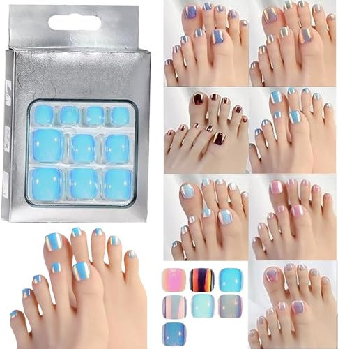 24 Pcs False Toenails Ombre Cat Eye Aura Pearlescent Mermaid Glitter Light Blue Colour Gloss Finish Full Cover Press On False Fake Artificial Toenails