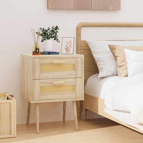 Lvhecforhm Nachttisch, Beistelltisch mit 2Handgefertigten Rattan-Verzierten Schubladen, Nachttisch Holz, Kleiner Nachttisch mit langen Massivholzbeinen, Modern Rattan Nachtschrank Sofatisch Couchtisch
