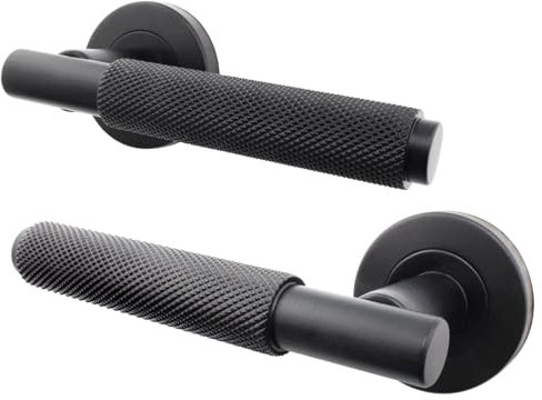 EAI Black Internal Door Handle | 1 Pair Matt Black Knurled Lever on Rose Round Handles | Dolton Range