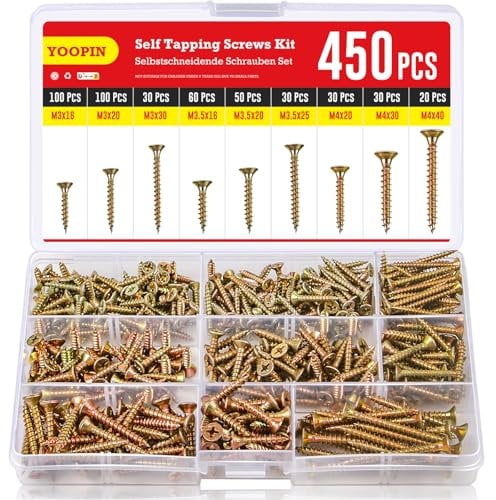 YOOPIN Wood Screws 450PCS, M3 M3.5 M4 Screws for Wood, 9 Sizes Color Zinc Wood Screws Assortment, Phillips Countersunk Self Tapping Screws, Assorted Screws Set with Screw Box
