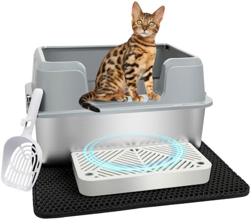 Vivifying Stainless Steel Cat Litter Tray with Lid, Easy to Clean and Odour-Resistant Stainless Steel Litter Tray, Leak-Proof Cat Litter Trays with Pedal, Scoop and Mat, 47 X 30 X 29 Cm - Grey