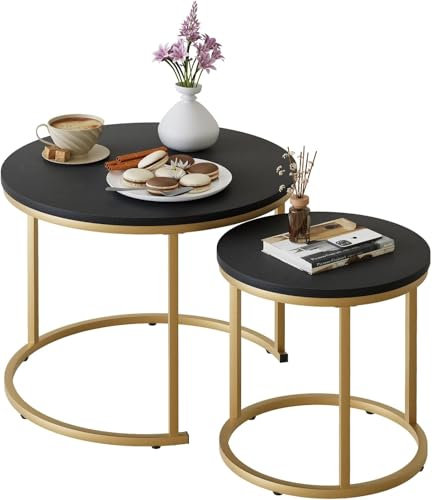 Couchtisch Rund, Satztisch 2er Set, Wohnzimmertisch, Couchtisch aus Holz, Beistelltisch Set, Sofatisch für Wohnzimmer, Schlafzimmer, Büro, Balkon, Gold Metallgestell und Schwarz Tischplatte