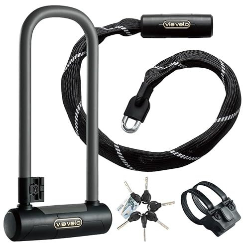 Via Velo Bike Lock 2 Sets 20CrMnTi Steel 16mm Shackle Sold Secure Gold with Bracket and Bike Chain Lock, 7mm 4 Side Squre Shape Chain 2.96Ft Length, Same Key System 6Keys for Electric Bikes Scooters
