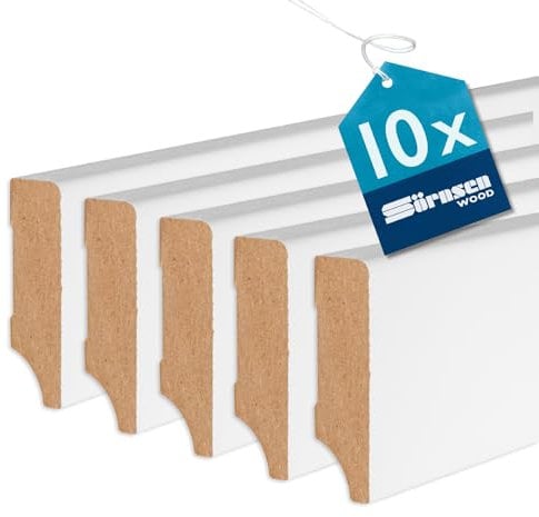 Sörnsen Wood Sockelleiste MDF – 10x Hochwertige wasserbeständige Fussleisten mit eckigem Weimarer Profil – in weiß RAL 9016 lackiert und damit extra langlebig – 16x58x2440 mm
