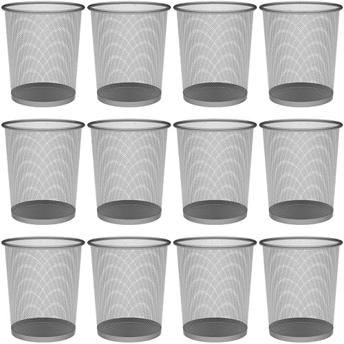 Detectalia Papelera Malla Metalica 10 Litros, Set de 12, Plata. Papelera Oficina, Papelera Reciclaje, Cubo de Basura, Papelera Escritorio, Cubo Basura Cocina, Papelera Baño, Tamaño Ø23,5 x 27 cm
