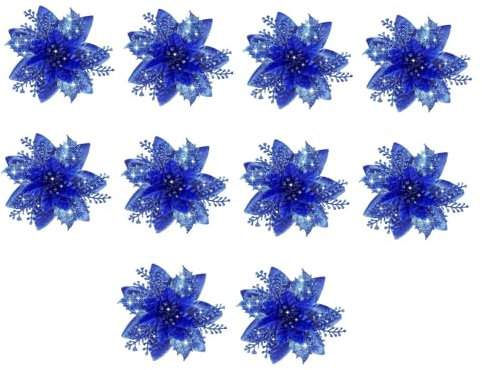 Milageto 10x Weihnachtsstern-Dekorationen, 14,5 cm, Tischdekoration für drinnen und draußen, künstliche Blumen, Glitzerblumen für das Neue Jahr, Tiefes Blau