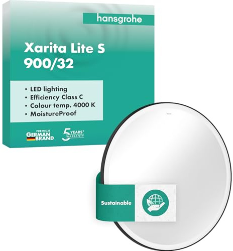 hansgrohe Xarita Lite S - Spiegel mit Beleuchtung, runder Badezimmerspiegel mit LED-Beleuchtung, Badspiegel 900 x 900 x 30 mm, Lichtsteuerung über Wandschalter, Aluminiumrahmen, Mattschwarz, 54967670