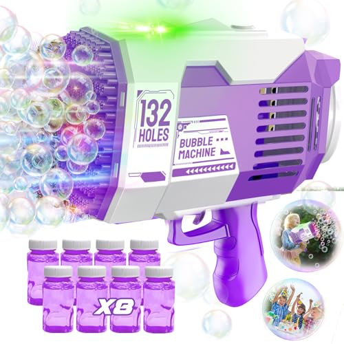 Aooess 132 Löcher Seifenblasenpistole Kinder Automatische Seifenblasen Machine LED Seifenblasen Pistole mit 8 Seifenblasen Flüssigkeit Spielzeug für 3-8 Jahre Junge Mädchen Geschenke Hochzeit (Lila)