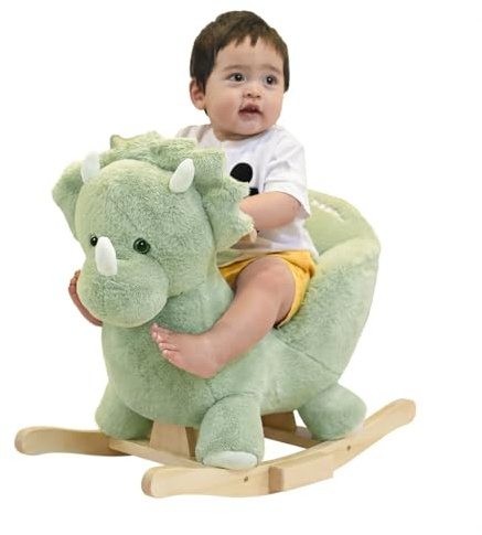 Rock My Baby Rocking Horse Green Dinosaur with Chair, Plush Stuffed Animal Rocker for Toddlers 1-3, Baby Rocker with Sweet Music, Wooden Rocking Horse Baby Animal Rocker,CPC Certified