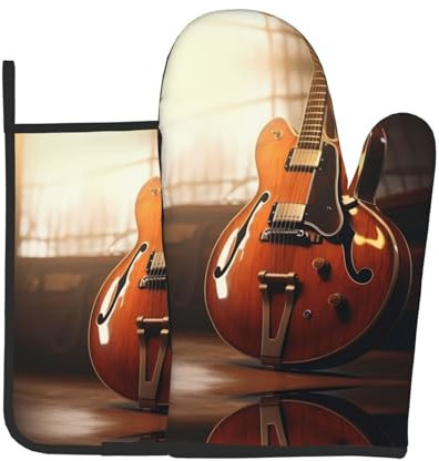 WZYWHJ Ensemble de gants de cuisine et maniques style guitare vintage pour cuisine, micro-ondes, grillades – Résistant à la chaleur avec cordon