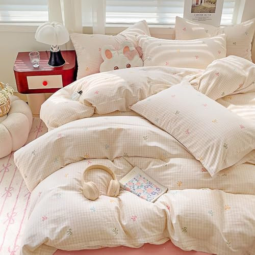 Covebett Bettwäsche 135x200 Kariert Weiß mit Bunt Schleifen Mädchen Bettbezug 2teilig Aesthetic Schwarz Weiß Karo Weich Microfaser Einzelbett Deckenbezug Reißverschluss und Kissenbezug 80x80cm