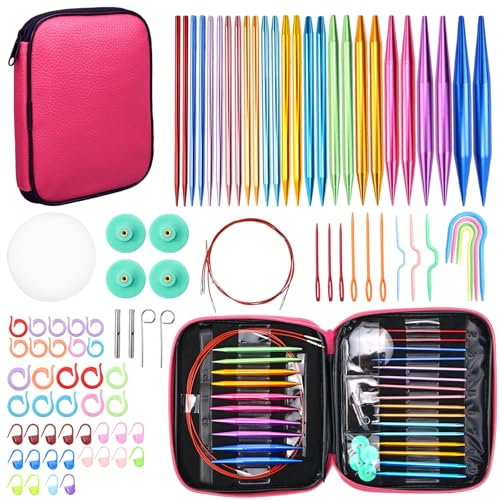 Erzekrim Aluminium Rundstricknadeln Set Austauschbare Stricknadeln Set 13 Paar Bunte Aluminium Stricknadeln Austauschbare Rundstricknadeln mit Aufbewahrungstasche für DIY-Stricken
