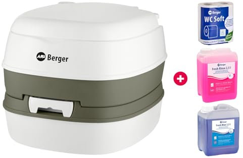 BERGER Mobile Campingtoilette Bio Comfort 14L Starter Set | Platzsparend & Leicht zu Reinigen | Mit Abnehmbarem Abwassertank | Alles, was Sie für den Start benötigen