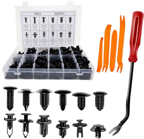 Grillix 240 Pezzi Set di Clips Voiture per Auto, Clip di Fissaggio Universali per Auto, 12 Diverse Rivetti in Plastica Universal, con 4 Cunei per Rivestimenti Auto e 1 Attrezzo di Rimozione dell