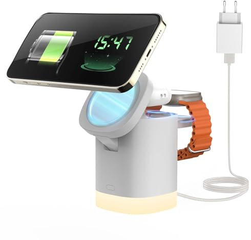 JoyGeek Charger, Foldable 3-in-1 Wireless Charging Station for iPhone 16/15/14/13/12 Series, Wireless Charger with Adjustable Light for iWatch 9-2, Air Pods 4/3/2/Pro, Silver
