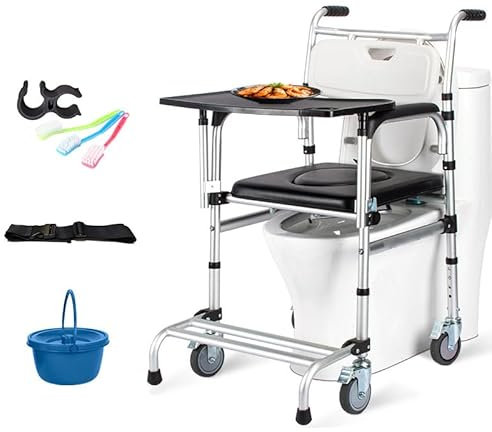 Toilettenstuhl Bis 150 kg Belastbar, Duschstuhl Fahrbar, Toilettenstuhl für Senioren mit Rollen, Toilettenstuhl Faltbar Duschhocker Nachtstuhl Erwachsene für die professionelle Pflege D