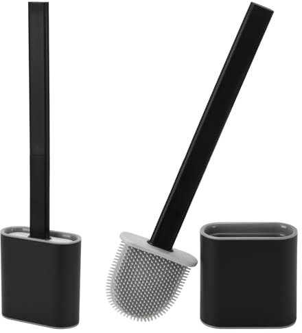 Toilet Brush, 1 Pack Silicone Toilet Brushes with Holder Non-slip Handle Flexible Bristles Easy to Clean Anti-drip Bathroom Toilet Brush Set (Black)