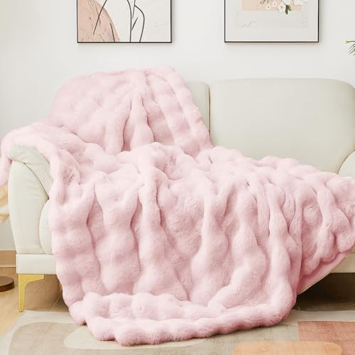 Latepis Pink Faux Fur Queen Bubble Cute Soft Warm Comforter Thick Furry Blanket for Sofa Bedroom Cozy Gift Luxury Blanket for Women All Seasons 229 * 229cm, 860gsm