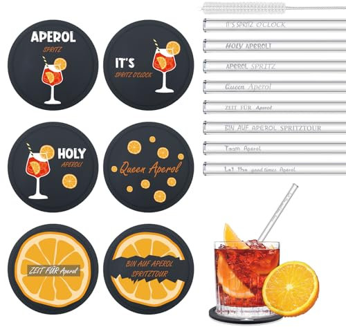 Aperol Spritz Lot de 6 Dessous de Verre Rond 10cm avec 8 Pailles Reutilisable 20cm, Dessous en Silicone pour Boissons avec des Phrases, Paille Bubble Tea Réutilisables Transparente (A)