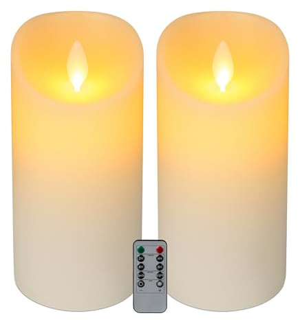 Relaxdays LED Kerzen, 2er Set, mit Fernbedienung, Timer & flackernder Flamme, Echtwachs, flammenlose Stumpenkerzen, weiß