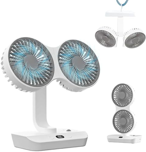 HUAJUN Ventilador de Mesa, 4000mAh Silencioso Ventilador USB Recargable de Cabeza Doble con Luz LED y Ganchillos,4 Velocidades y 360 ° Rotación para Habitación, Escritorio, Camping