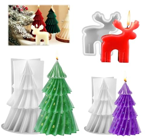 2 Stück Weihnachtsbaum Kerzenform Silikon + Silikonforms Elch, Silikonform Tannenbaum 3D Kerzenform Weihnachten, Weihnachten Kerzenforms für Seife Kerzenherstellung, DIY Handwerk (B)