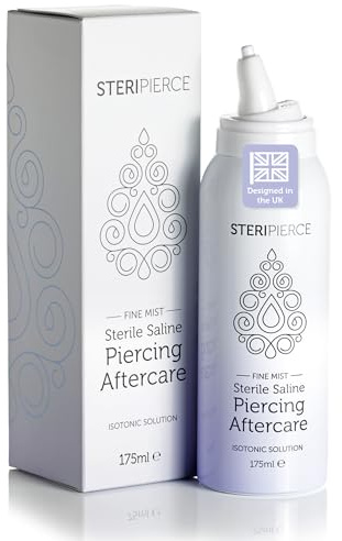 SteriPierce Large Sterile Saline Solution, Piercing Cleaning Solution for Nose, Ears and Body Piercings, Contactless with Angled Nozzle, Non-Irritating and Hypoallergenic, Vegan, Cruelty Free (175ml)