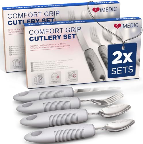 iMedic Easy Grip Cutlery for Arthritic Hands, Grey, 2 Pack | Weighted adaptive tableware set for disabled adults