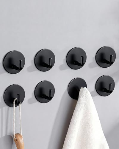 CCDecor Self Adhesive Hooks 8 Pcs Round Stainless Hooks Wall Mounted Black | Stick on Hooks Heavy Duty Extra Strong 6kg (Max), No Drilling Sticky Hook for Hanging Key Coat in Kitchen Door