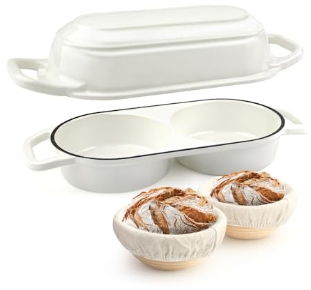 YONILL Mini Double Dutch Oven with Lid for Sourdough Bread Baking (White) | Enameled Cast Iron Pot with Lid, 5 Banneton Bread Proofing Basket Include, Dual Round Bread Loaf Pan for Homemade Baking