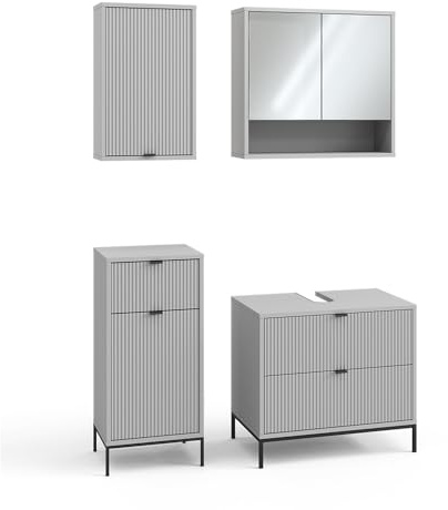 Vicco Badmöbel-Set Eliza, Grau, 70 cm, besteht aus Waschbeckenunterschrank, Spiegelschrank, Hochschrank und Midischrank