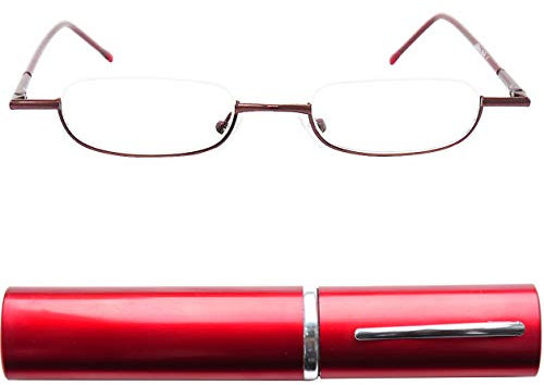 Schmale Metall Mini Halbbrille Lesebrille, Edelstahl Rahmen (Rot), mit Gratis Slim-Fit Alu Etui, Lesehilfe Damen und Herren +1.5 Dioptrien