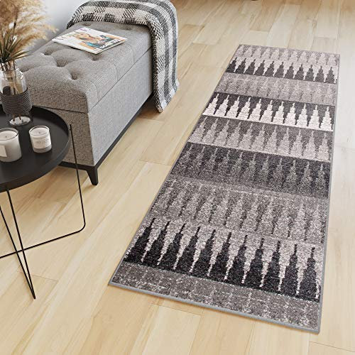 TAPISO Sari Teppich Läufer Flur Meterware Grau Geometrisch Dreiecke Küche Wohnzimmer Kurzflor Brücke nach Maß Küchenläufer ÖKOTEX 100 x 340 cm