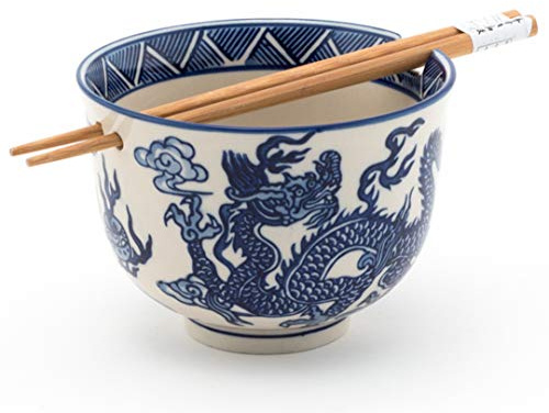 Happy Sales, Multi Purpose 5D Ramen Udon Soba Pho Noodle Donburi Rice Tayo Bowl with Chopsticks (BlueDragon)