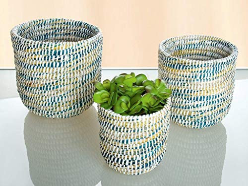 Dekoleidenschaft 3er Set Aufbewahrungskörbe aus Seegras, handgeflochten, blau gelb weiß, Pflanzkorb, Utensilienkorb, Flechtkorb, Korbset, Blumen-Übertopf, Badkorb, Dekokorb