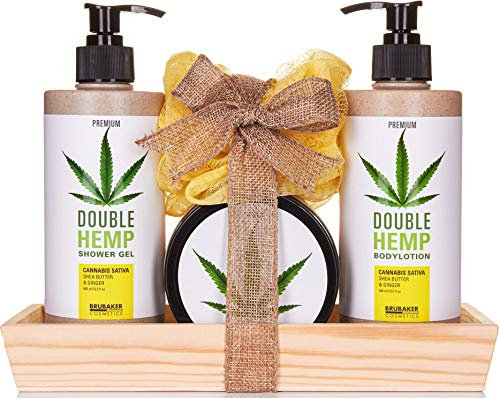 BRUBAKER Cosmetics Hanföl Dusch- und Pflege Set Sheabutter & Ingwer mit Deko Tablett aus Holz - White Edition