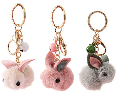 Amosfun 3 Stück Kaninchen Schlüsselbund Cartoon Kunstpelz Hase Tasche Anhänger Plüsch Kaninchen Schlüsselring Schlüsselhalter Auto Hängen Ornament für Ostern Kinder Mädchen