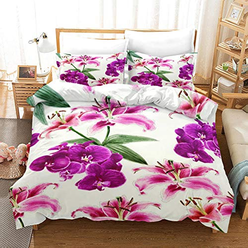 BAIXUEGONGZHU Bettwäsche 135x200 cm, Lilien und Orchideen, 1 Bettbezug mit ReißVerschluss und 2 Kissenbezüge 80x80 cm, Leichte Mikrofaser, für Kind Jugendliche